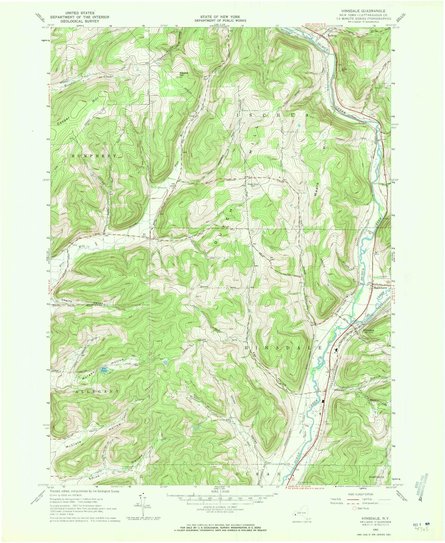 Classic USGS Hinsdale New York 7.5'x7.5' Topo Map Image