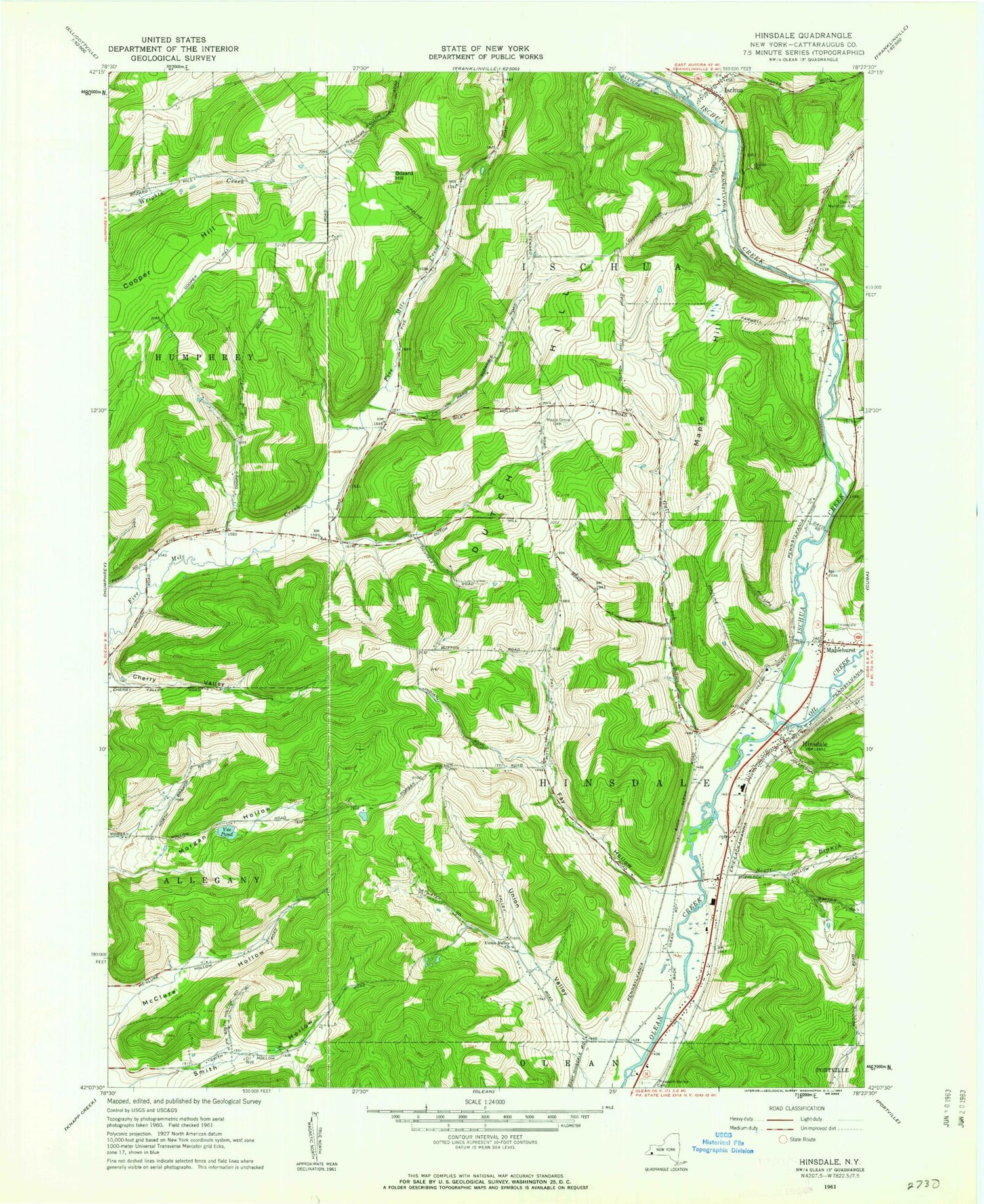 Classic USGS Hinsdale New York 7.5'x7.5' Topo Map Image