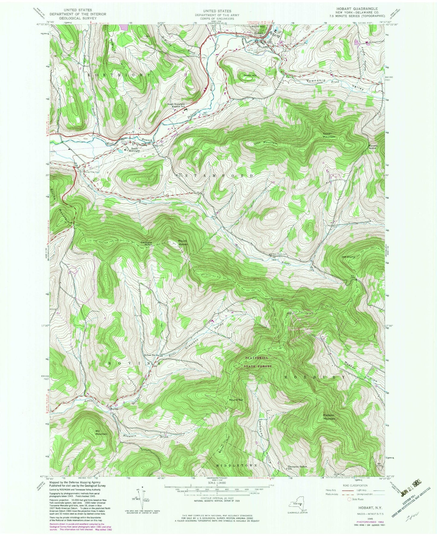 Classic USGS Hobart New York 7.5'x7.5' Topo Map Image