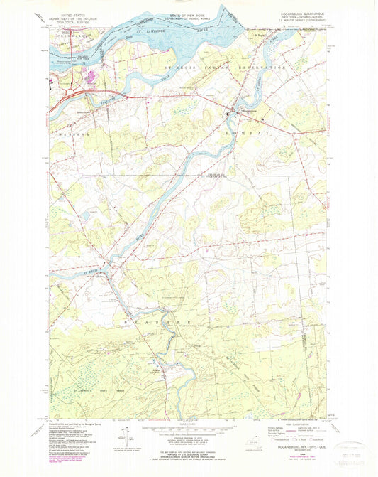 Classic USGS Hogansburg New York 7.5'x7.5' Topo Map Image