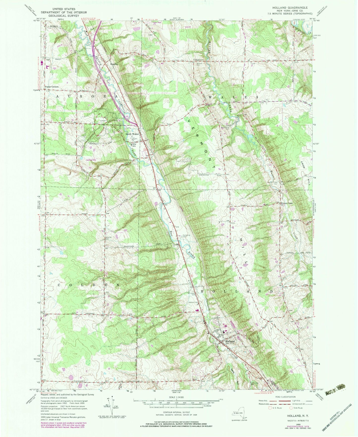 Classic USGS Holland New York 7.5'x7.5' Topo Map Image