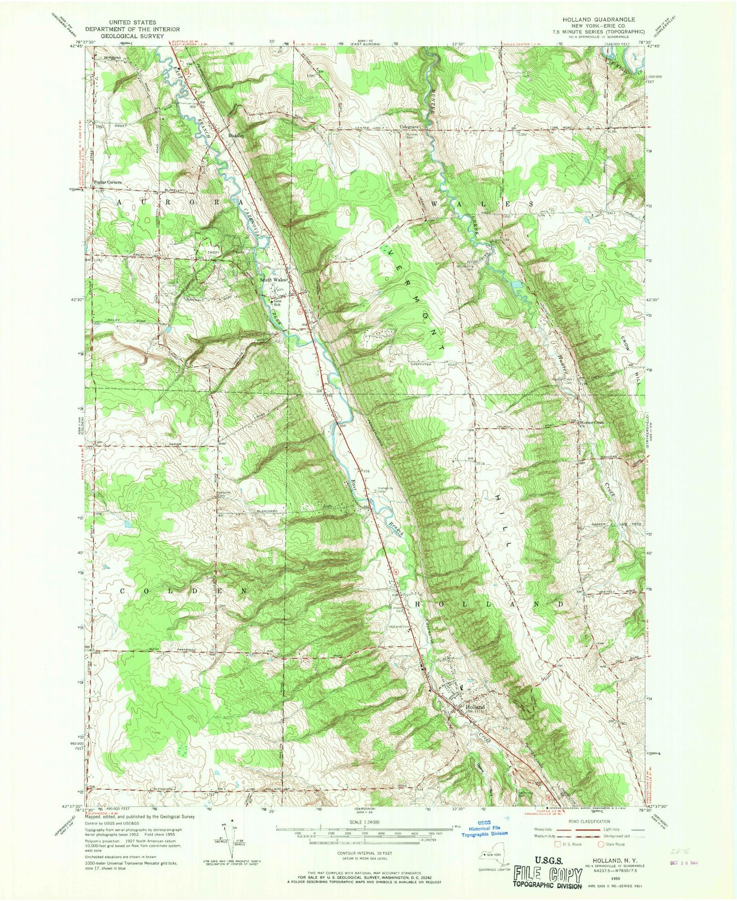 Classic USGS Holland New York 7.5'x7.5' Topo Map Image