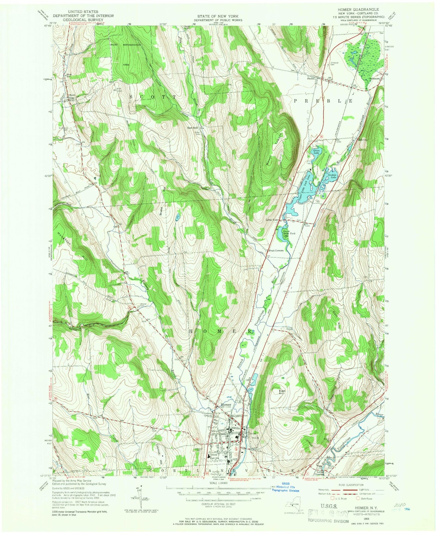 Classic USGS Homer New York 7.5'x7.5' Topo Map Image