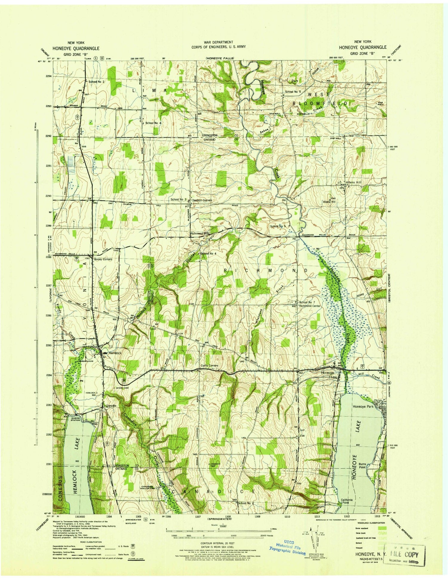 Classic USGS Honeoye New York 7.5'x7.5' Topo Map Image
