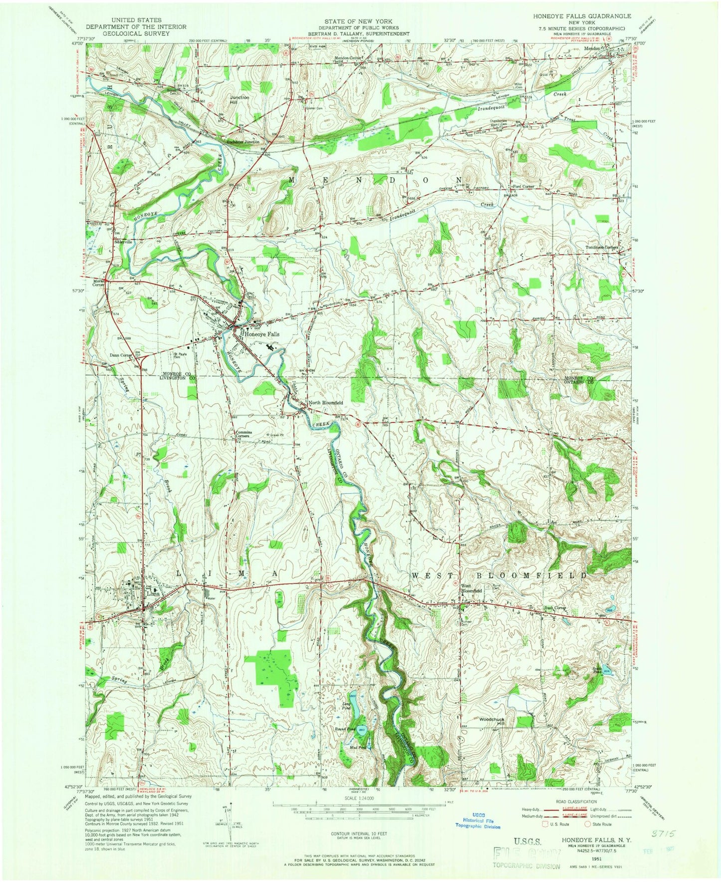Classic USGS Honeoye Falls New York 7.5'x7.5' Topo Map Image