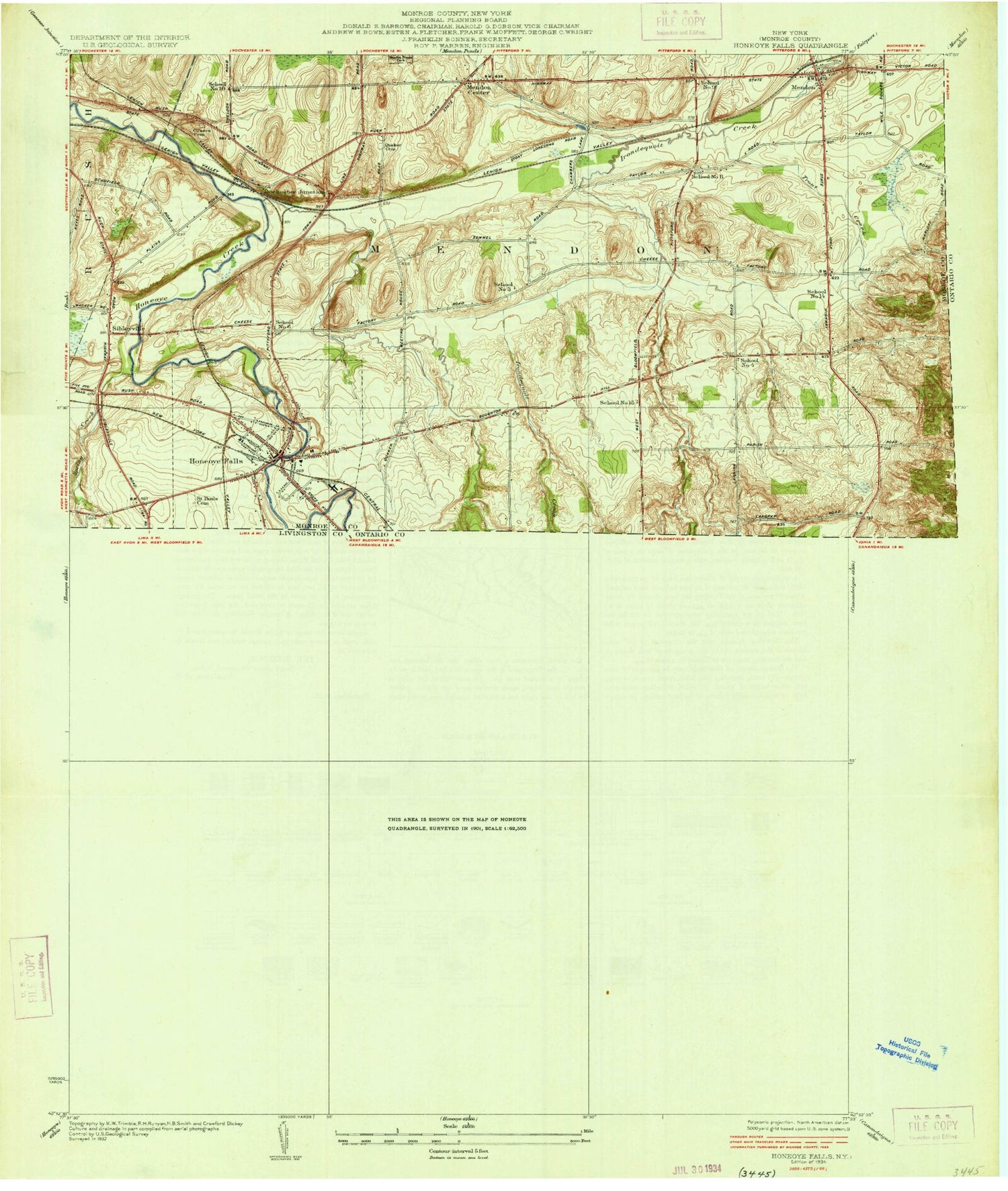 Classic USGS Honeoye Falls New York 7.5'x7.5' Topo Map Image
