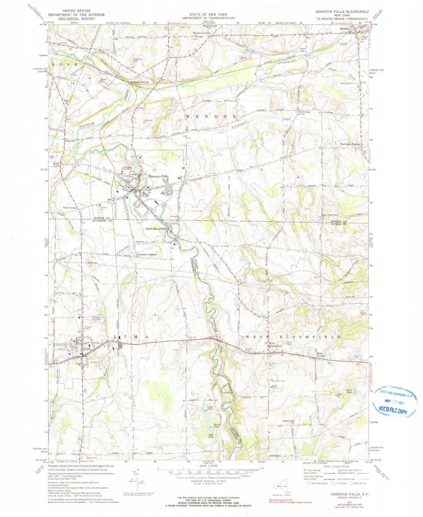 Classic USGS Honeoye Falls New York 7.5'x7.5' Topo Map Image
