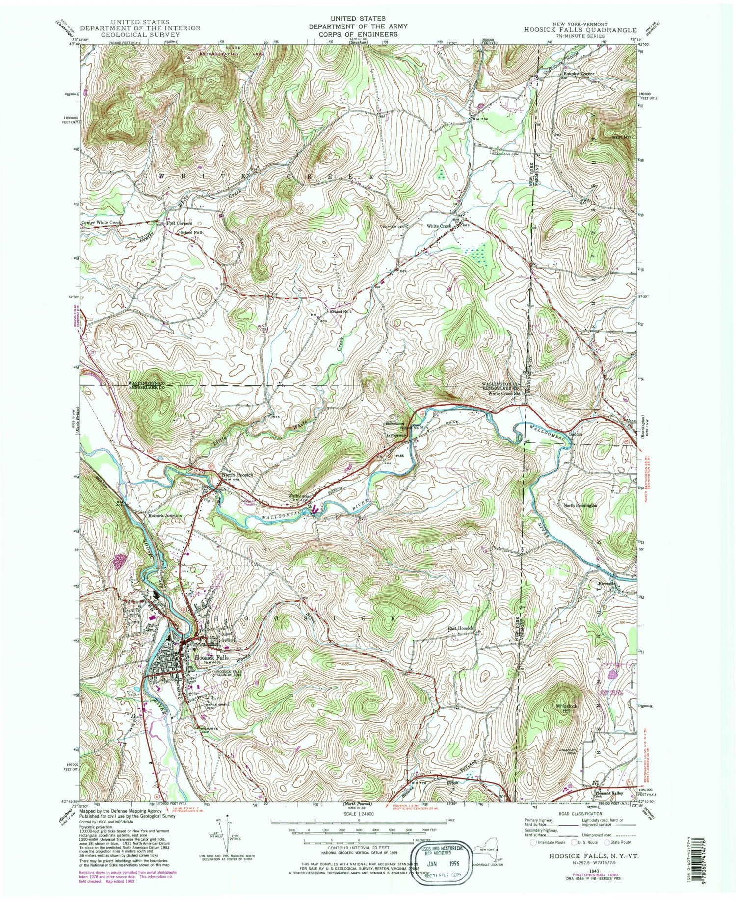 Classic USGS Hoosick Falls New York 7.5'x7.5' Topo Map Image