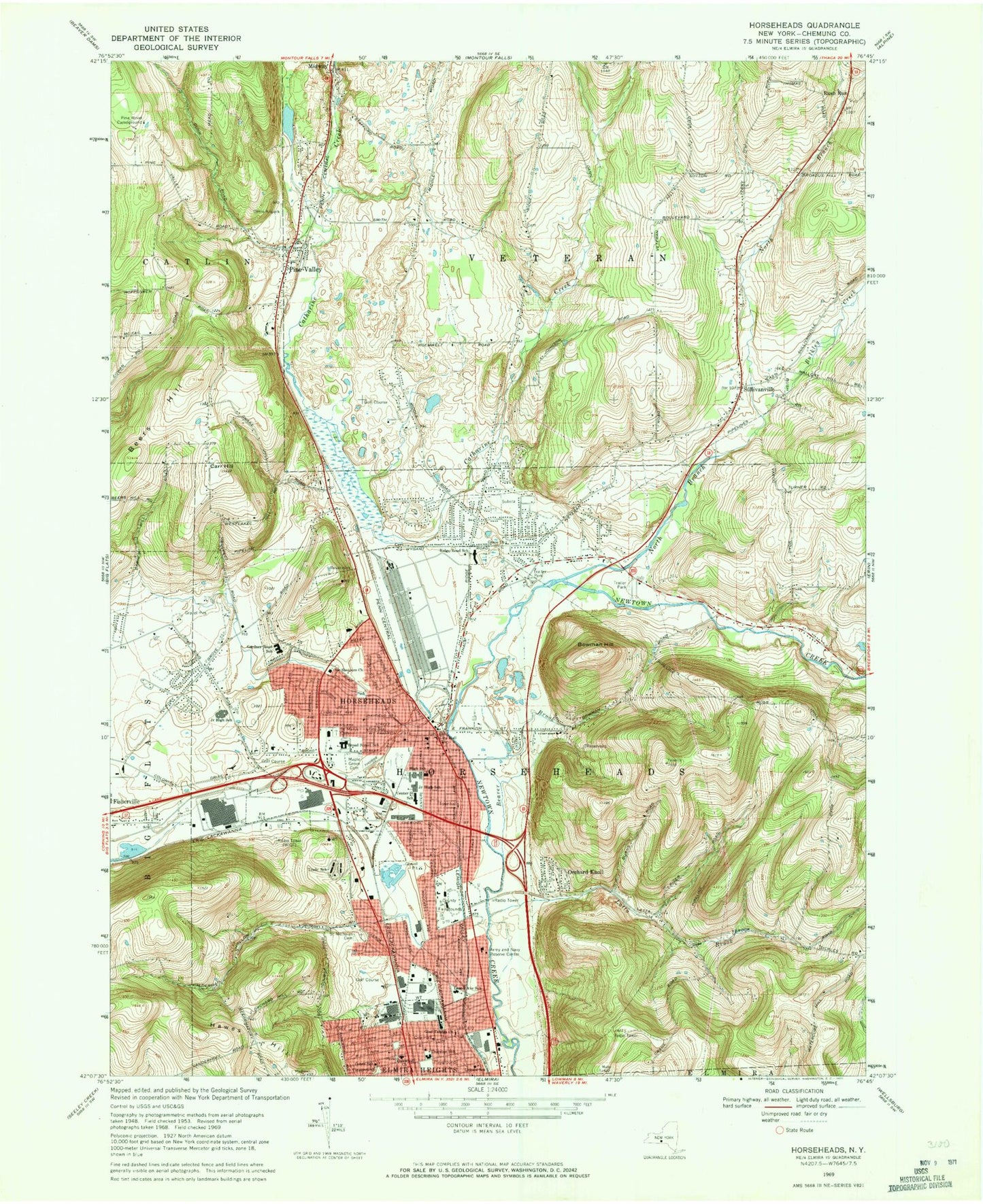 Classic USGS Horseheads New York 7.5'x7.5' Topo Map Image