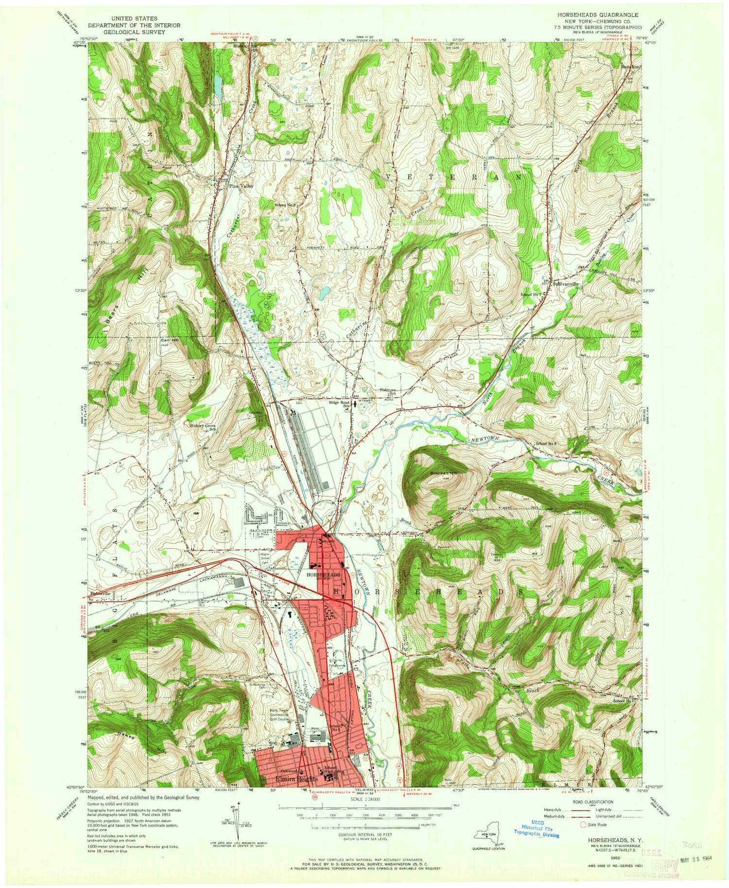 Classic USGS Horseheads New York 7.5'x7.5' Topo Map Image