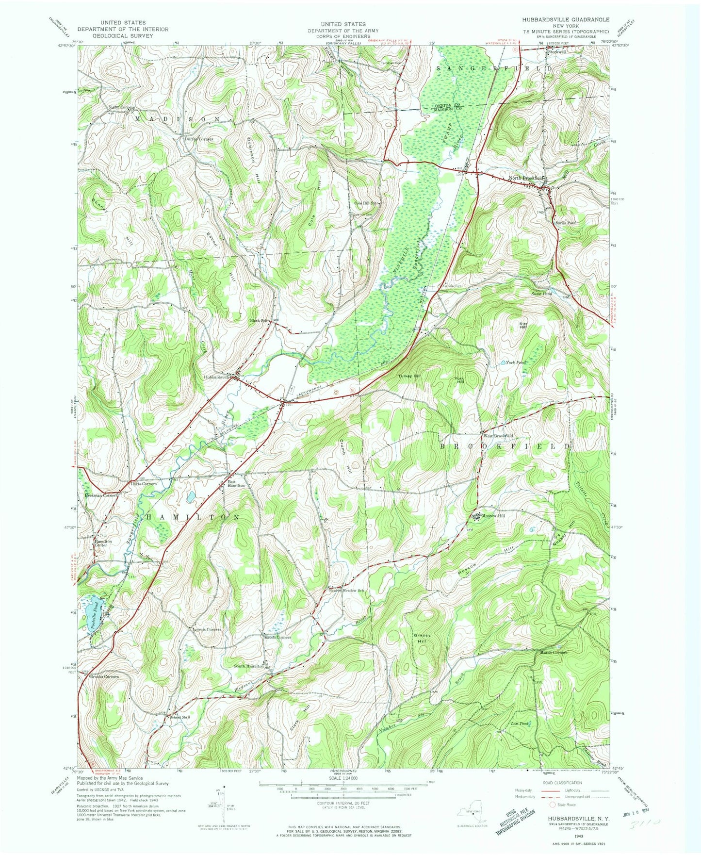 Classic USGS Hubbardsville New York 7.5'x7.5' Topo Map Image