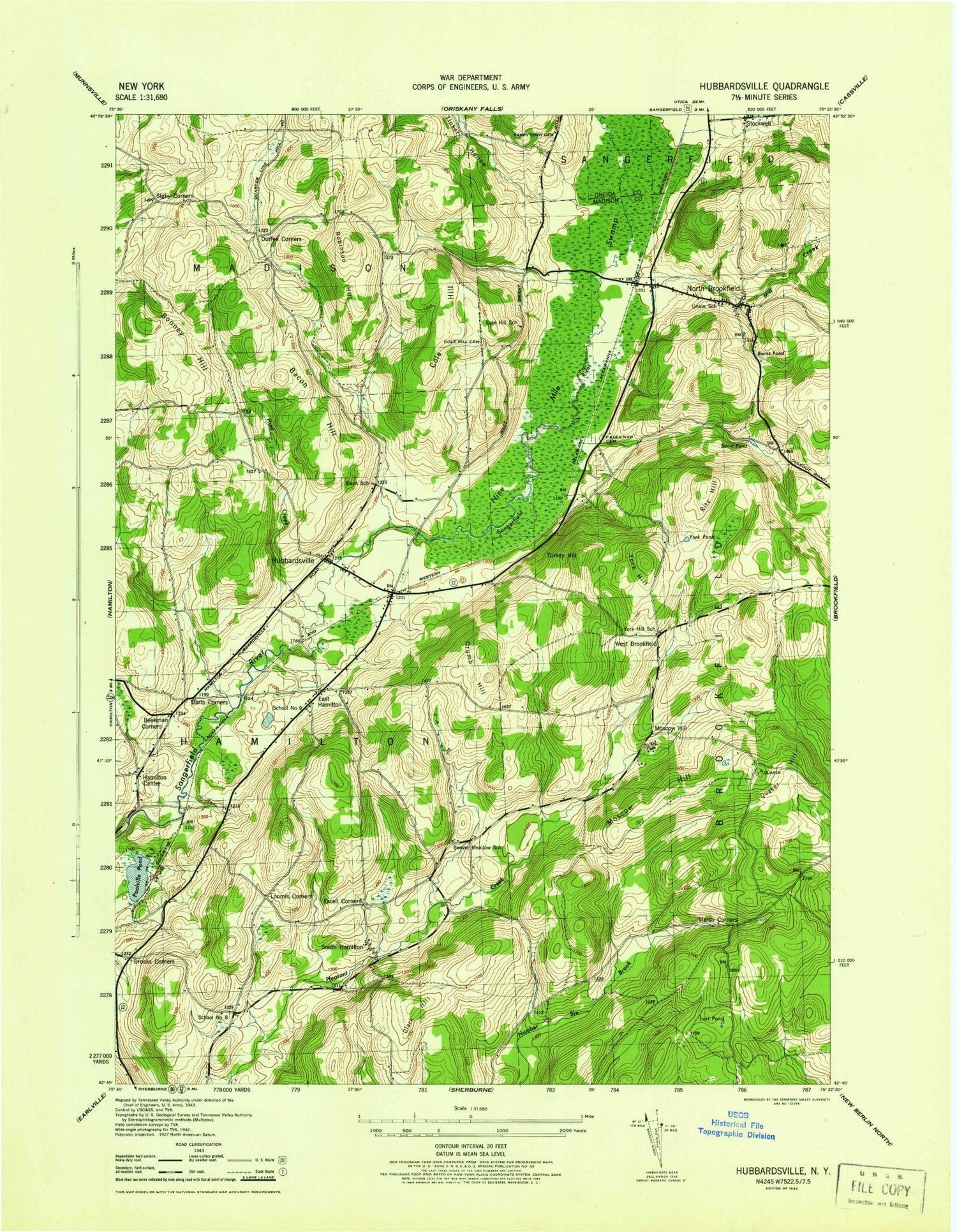 Classic USGS Hubbardsville New York 7.5'x7.5' Topo Map Image