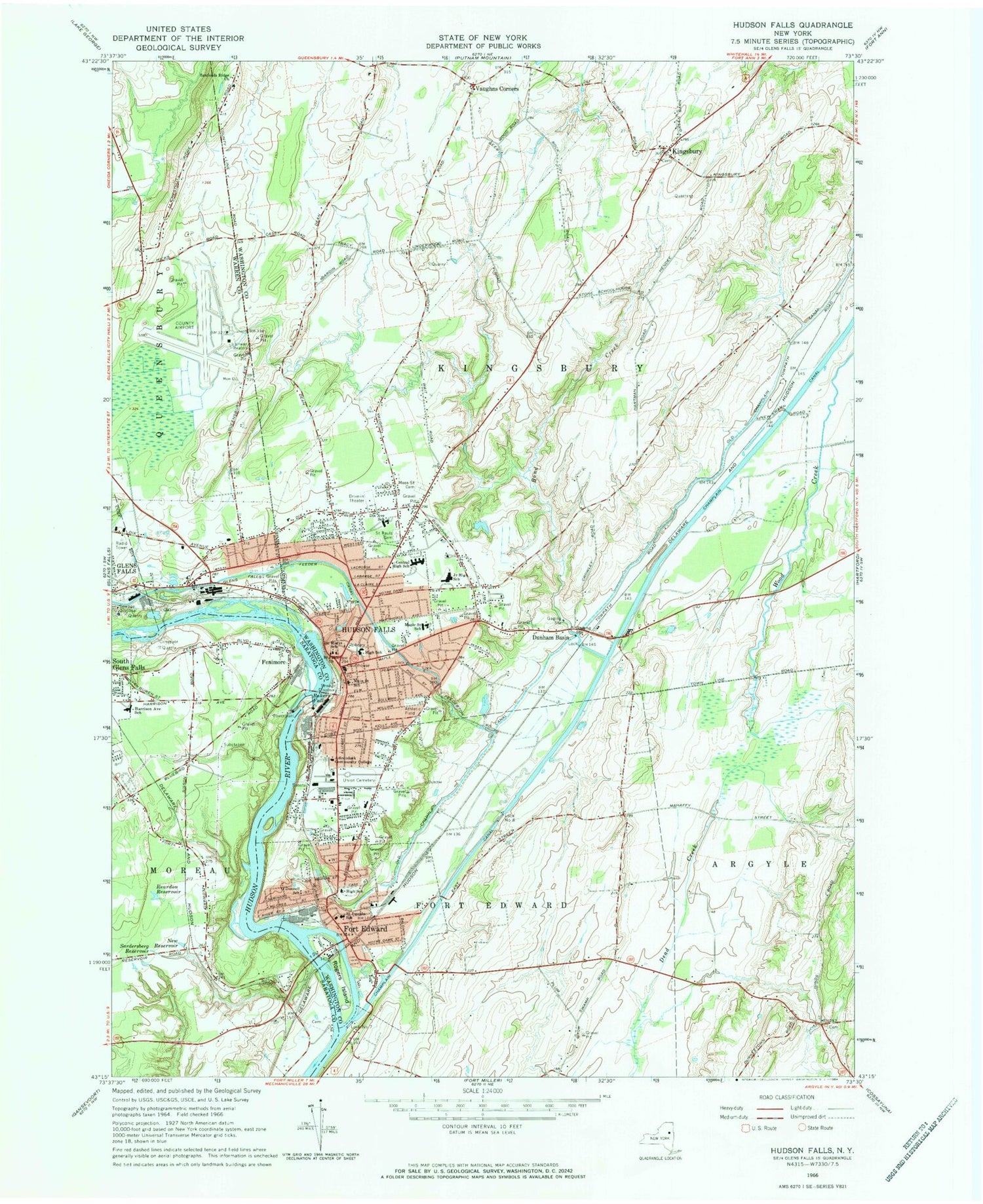Classic USGS Hudson Falls New York 7.5'x7.5' Topo Map Image