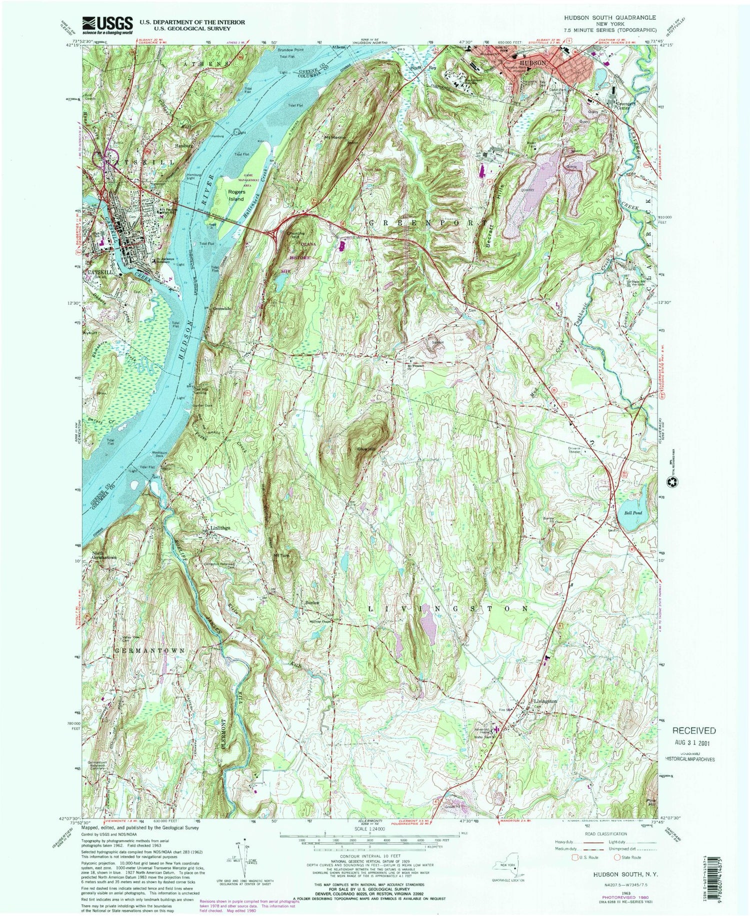 Classic USGS Hudson South New York 7.5'x7.5' Topo Map Image