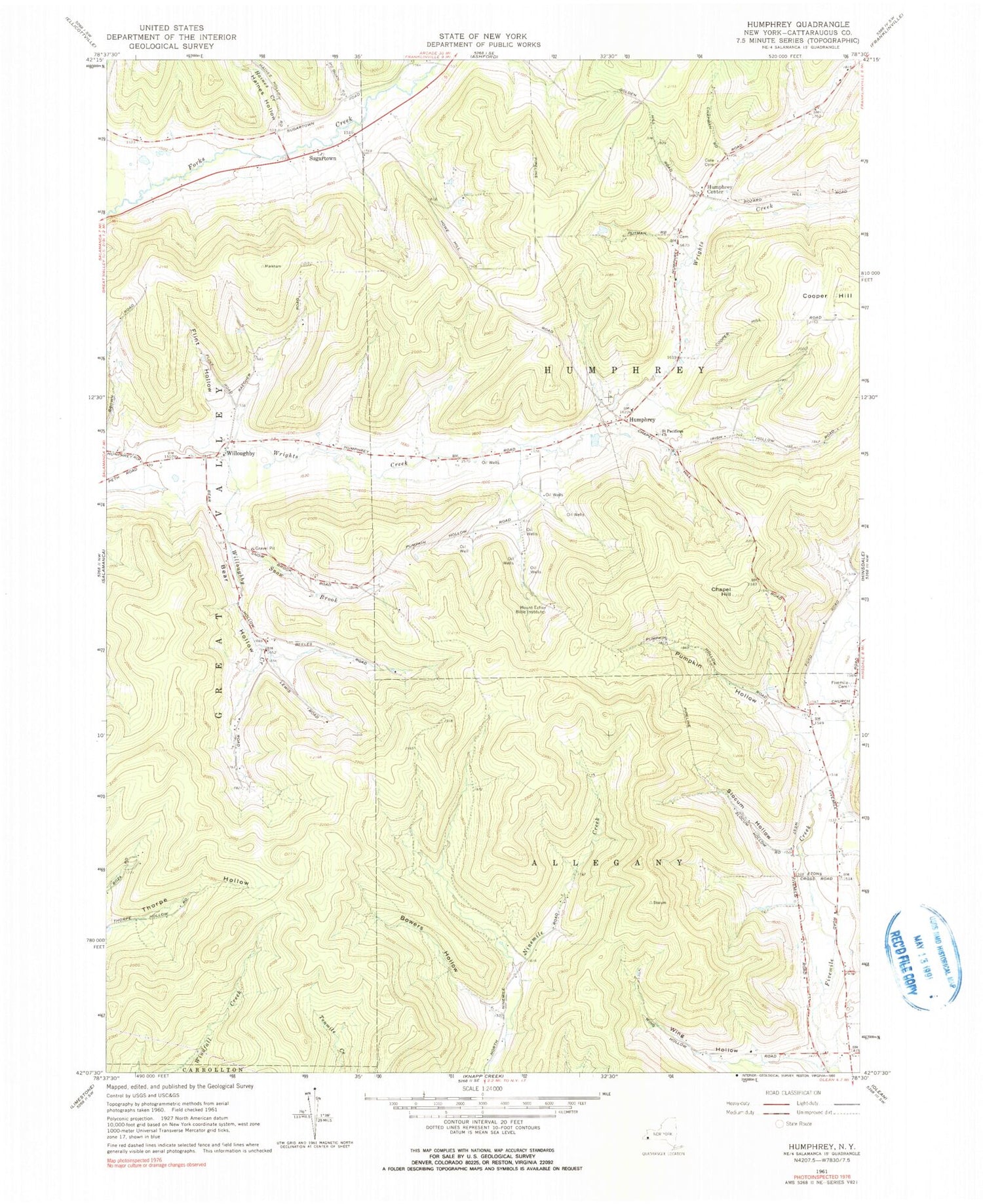Classic USGS Humphrey New York 7.5'x7.5' Topo Map Image