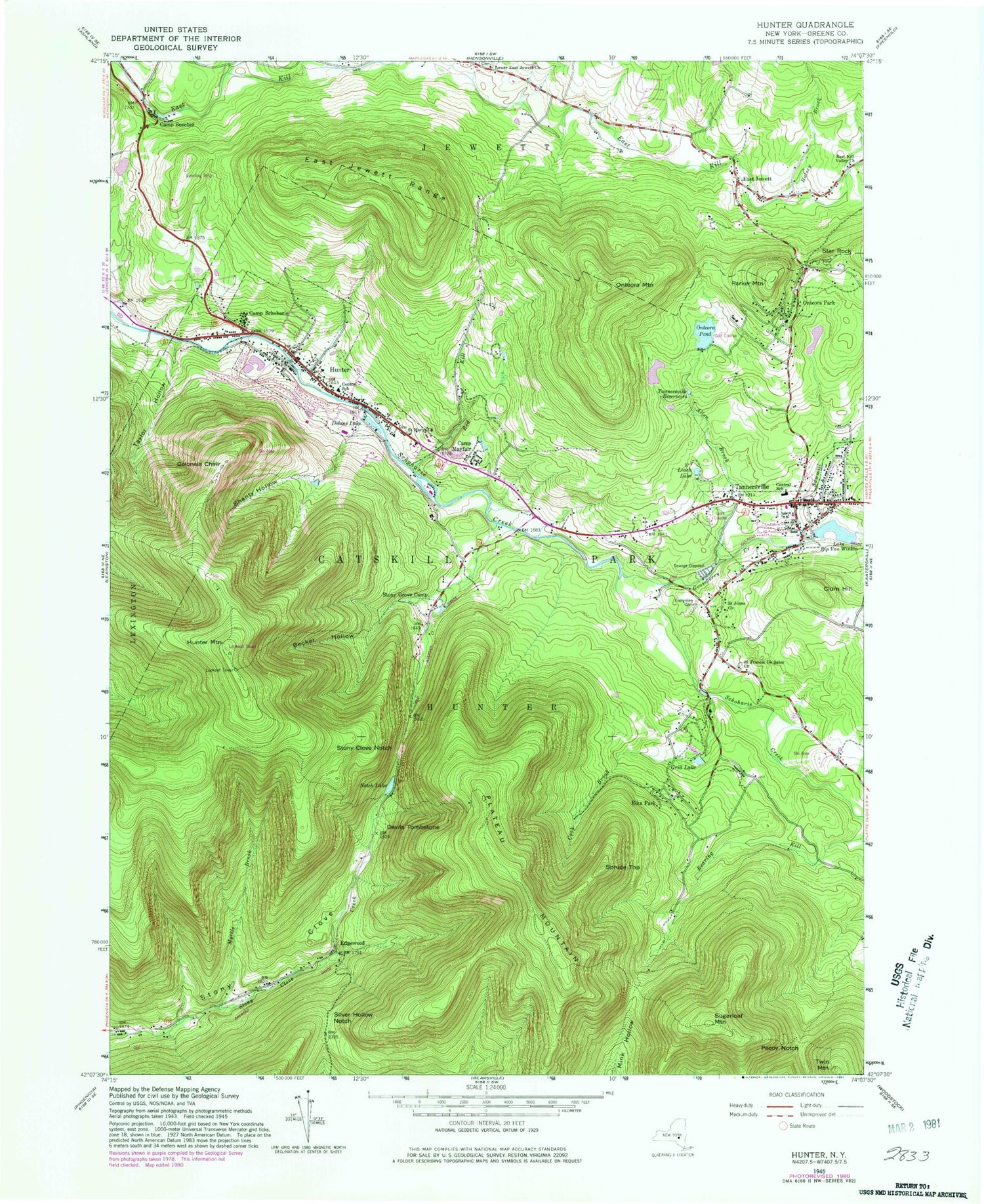 Classic USGS Hunter New York 7.5'x7.5' Topo Map Image