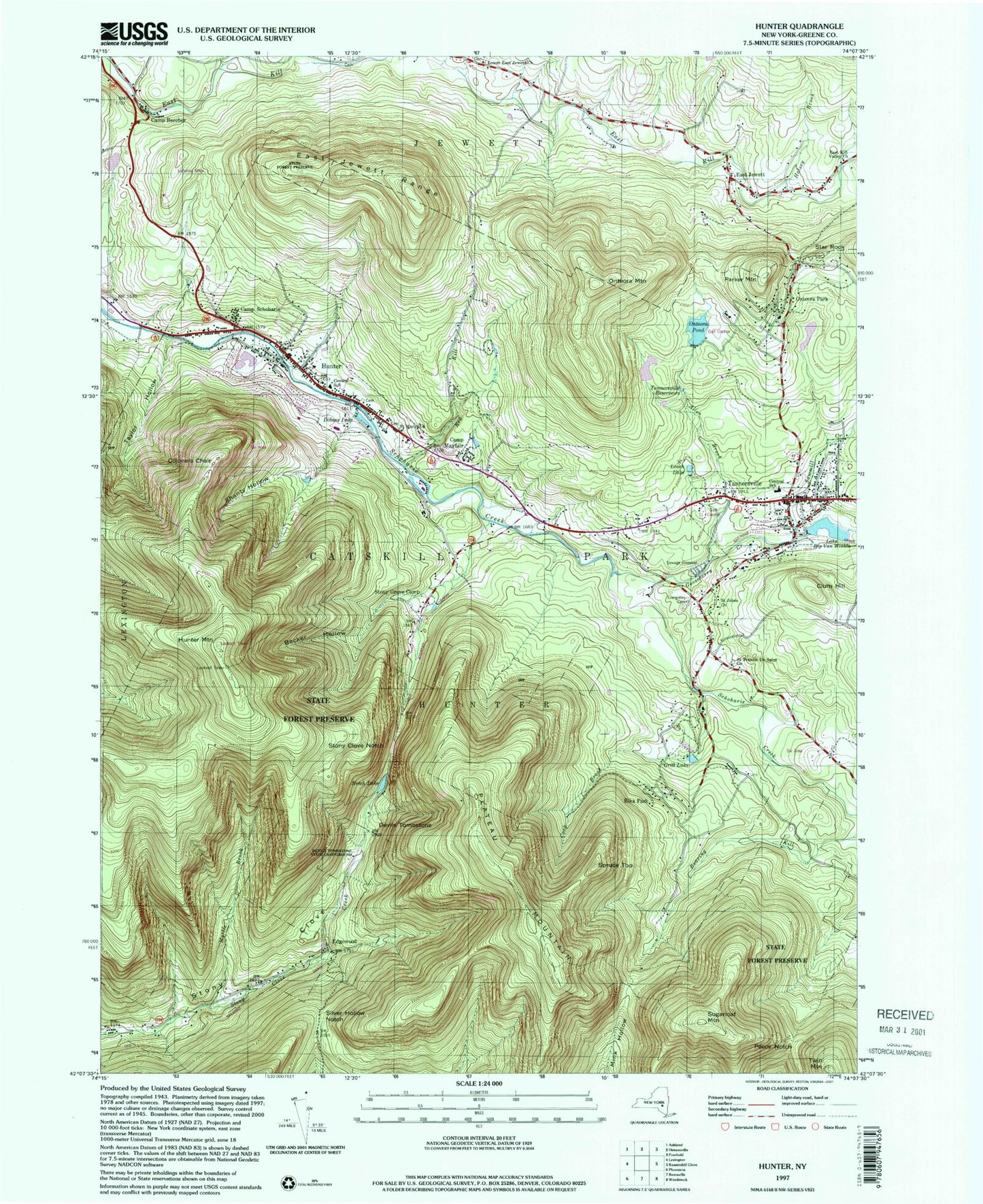Classic USGS Hunter New York 7.5'x7.5' Topo Map Image