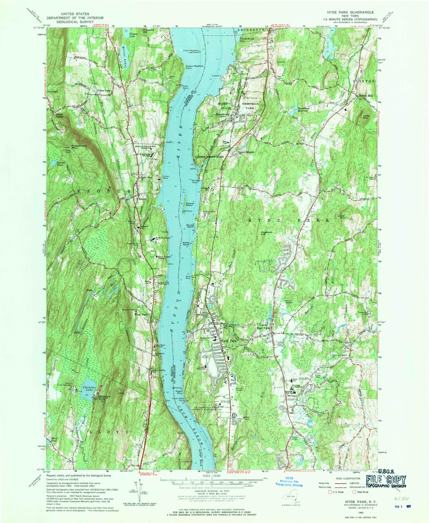 Classic USGS Hyde Park New York 7.5'x7.5' Topo Map Image