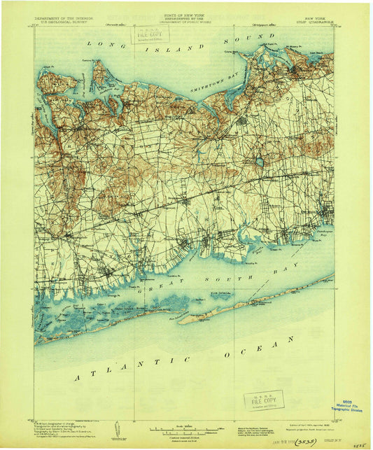 Historic 1904 Islip New York 30'x30' Topo Map Image