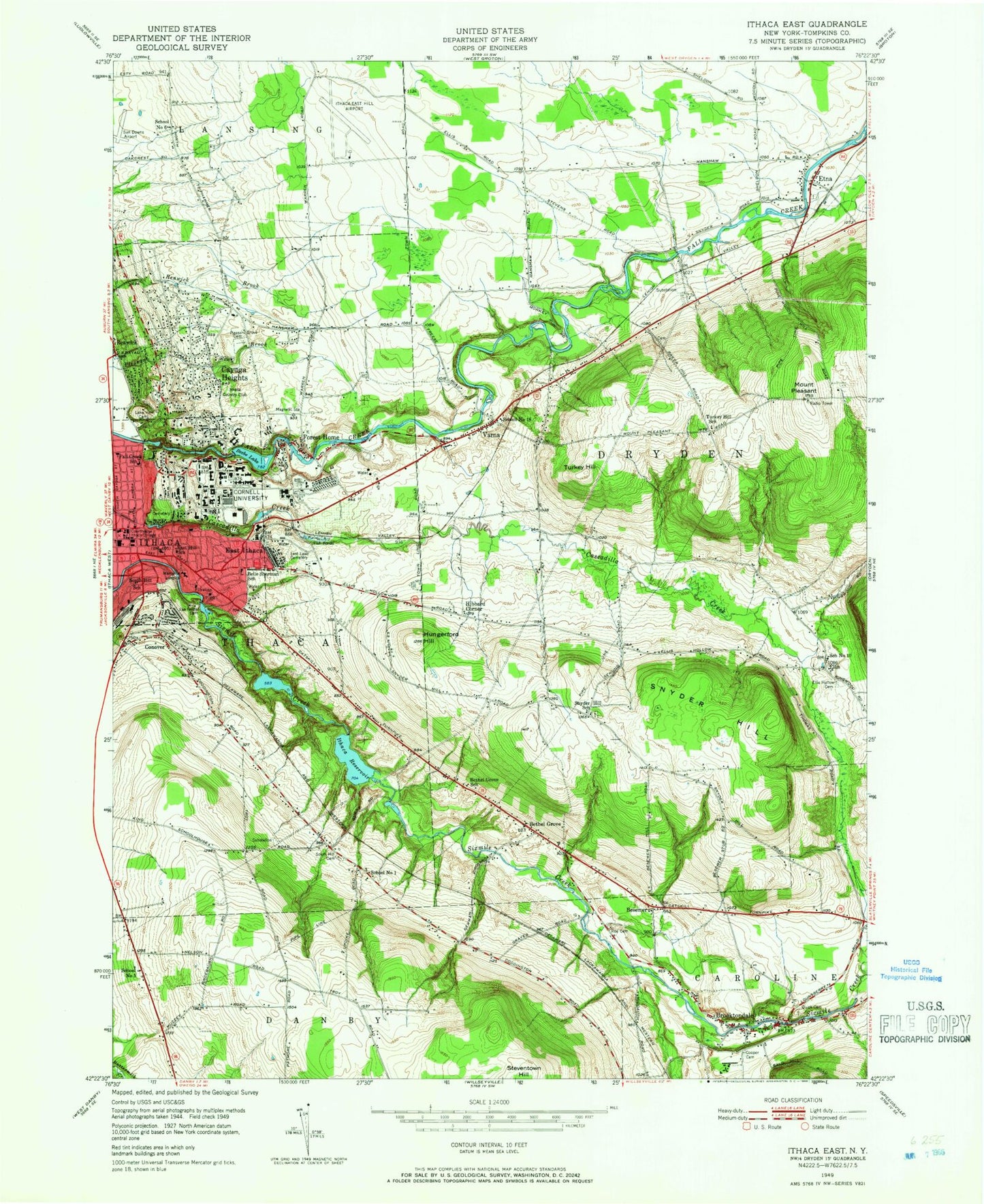 Classic USGS Ithaca East New York 7.5'x7.5' Topo Map Image