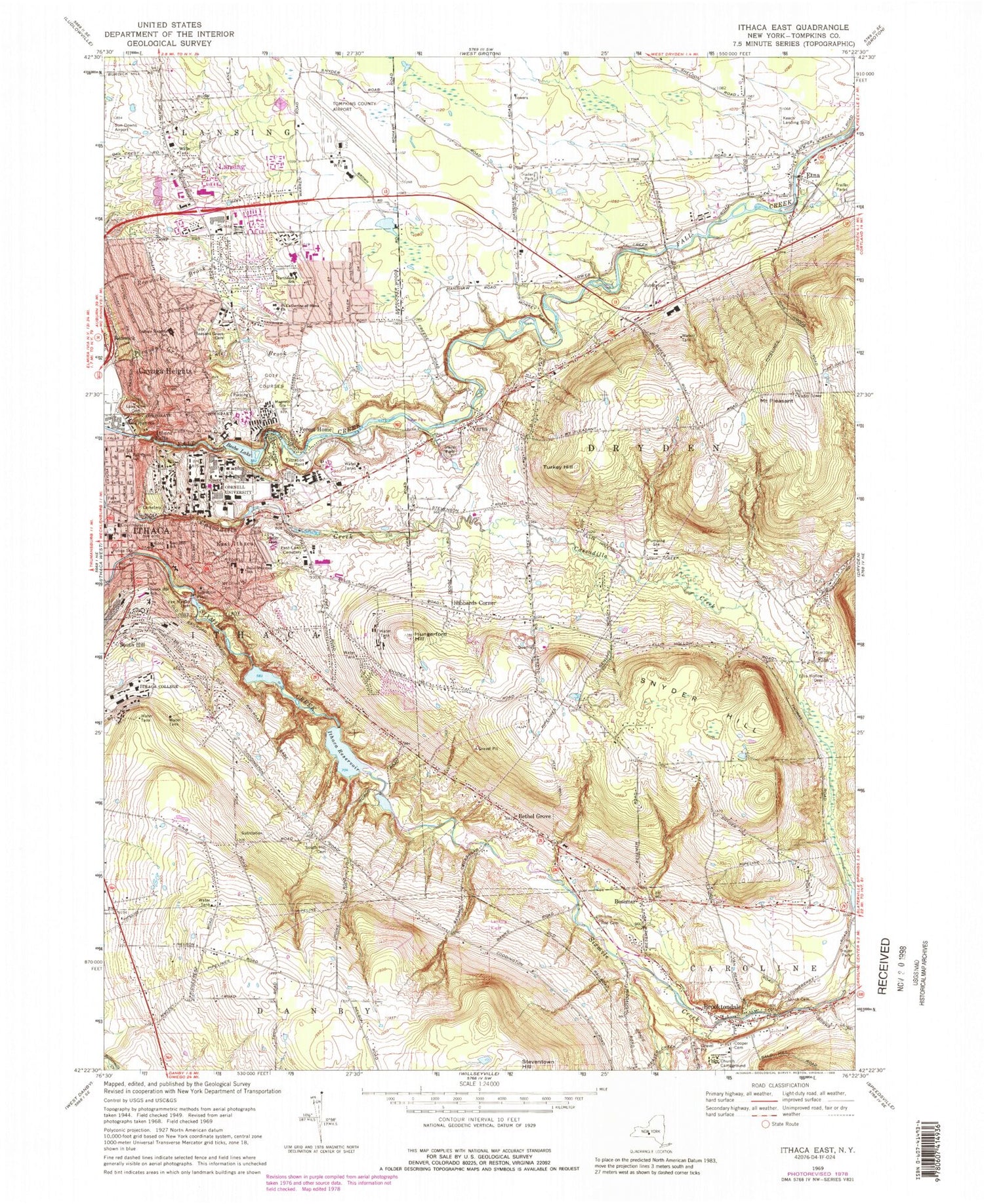 Classic USGS Ithaca East New York 7.5'x7.5' Topo Map Image