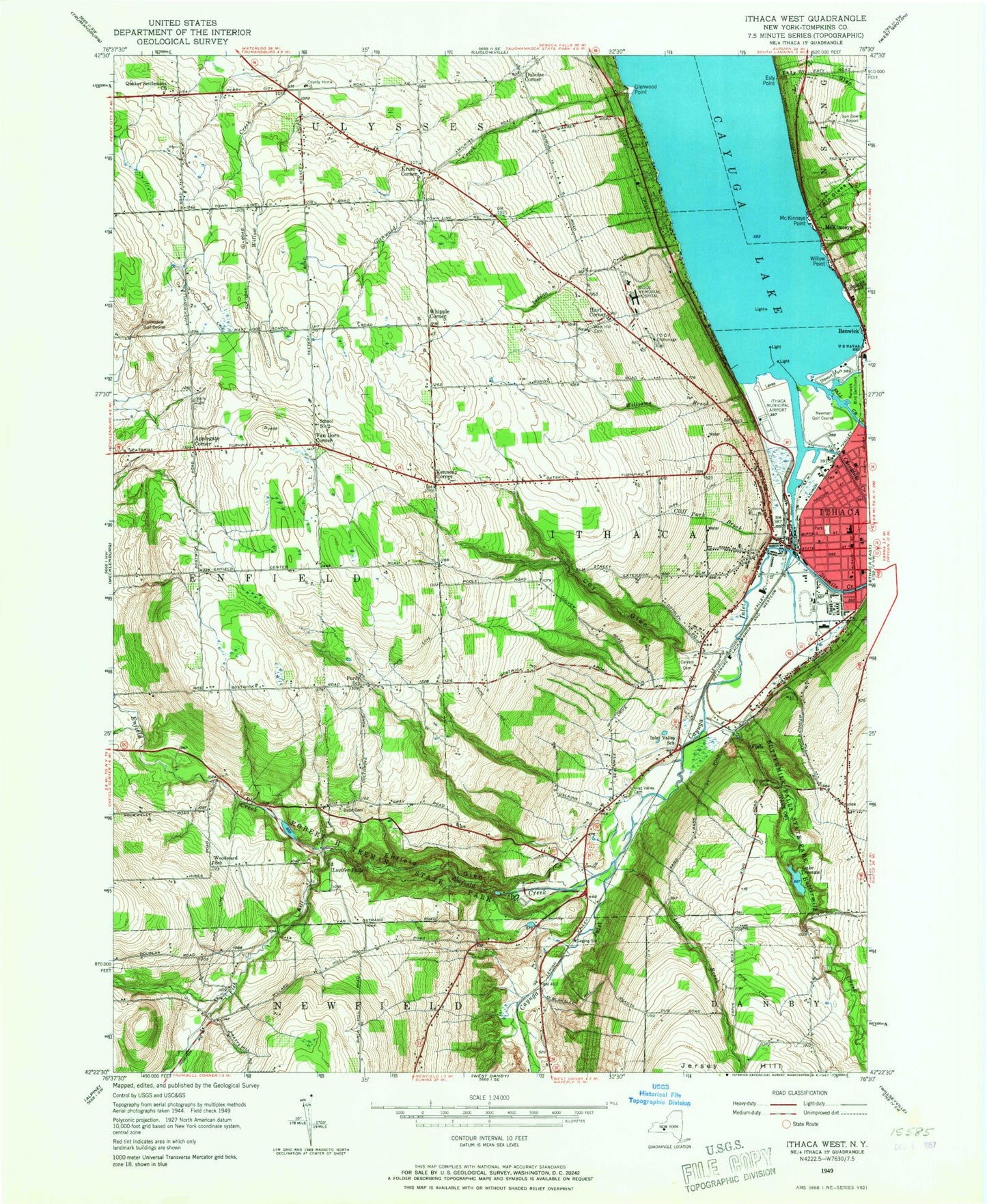 Classic USGS Ithaca West New York 7.5'x7.5' Topo Map Image