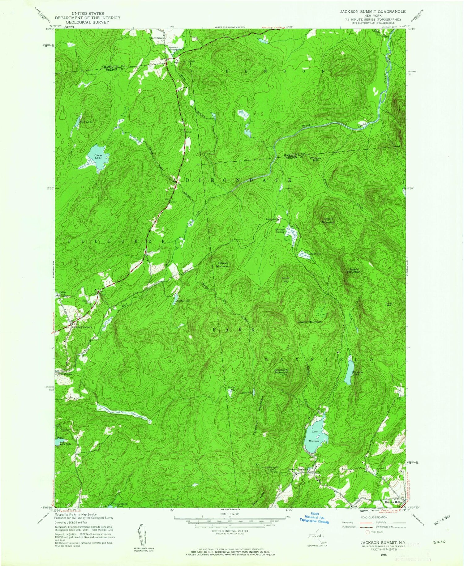 Classic USGS Jackson Summit New York 7.5'x7.5' Topo Map Image