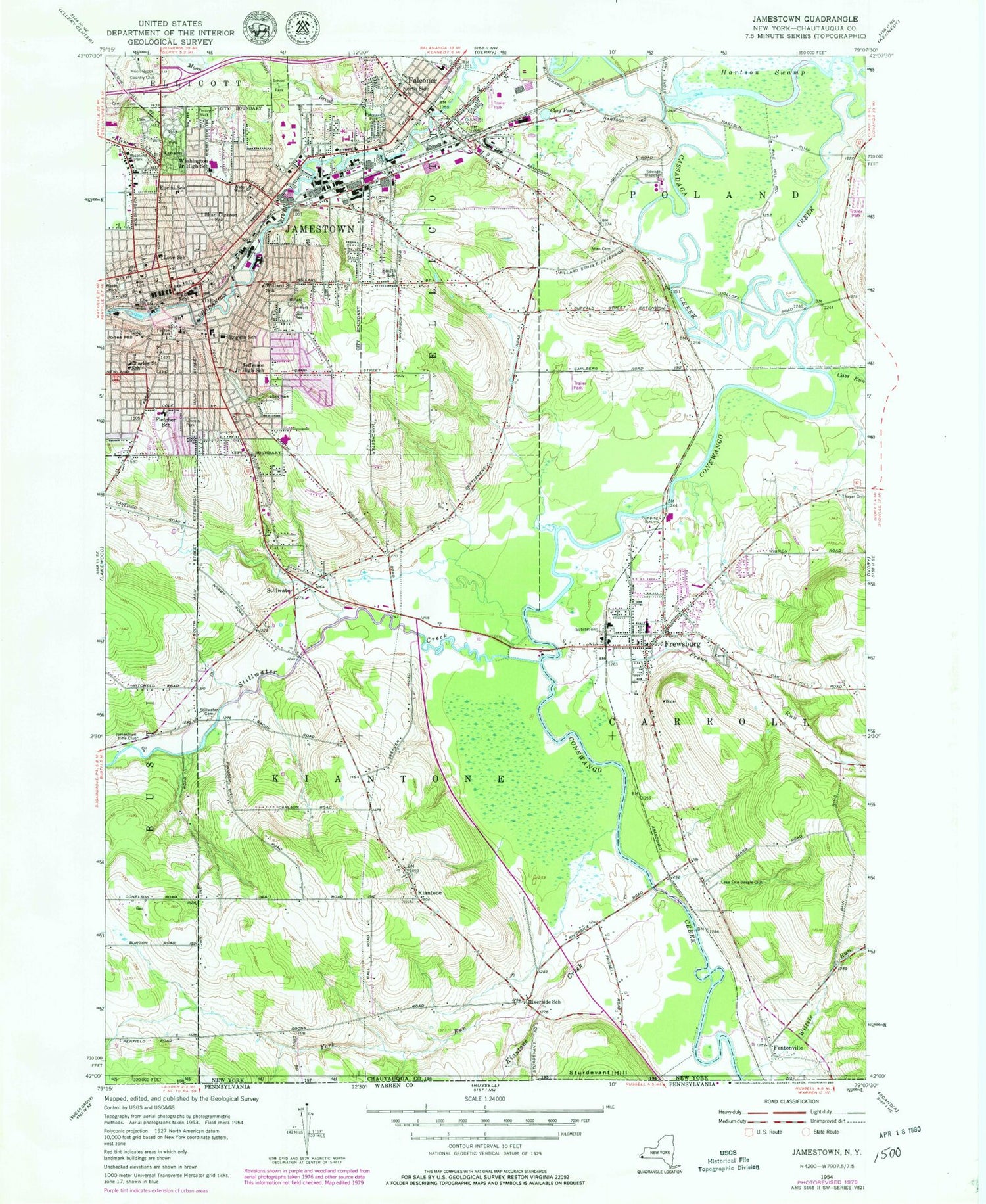 Classic USGS Jamestown New York 7.5'x7.5' Topo Map Image