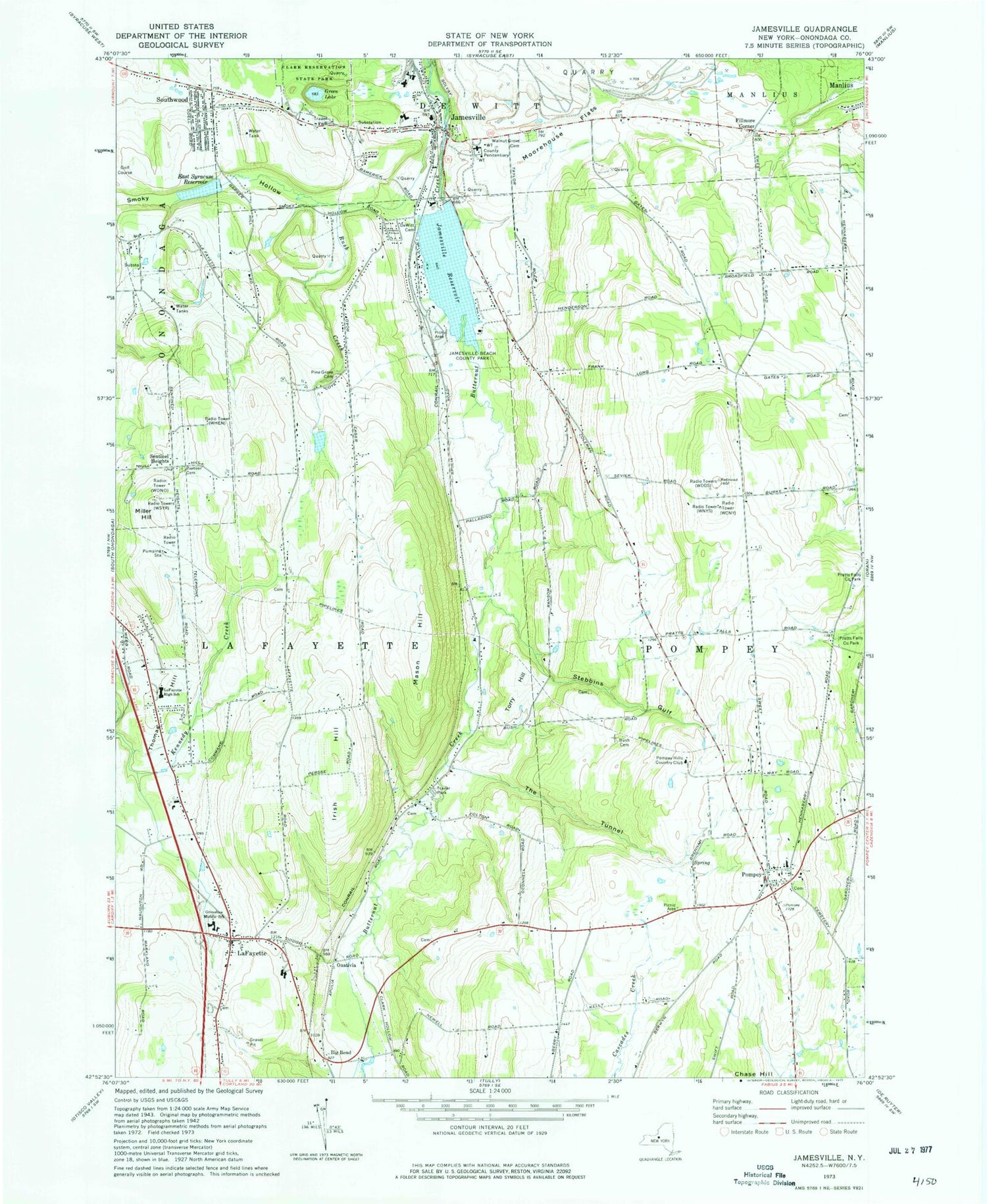 Classic USGS Jamesville New York 7.5'x7.5' Topo Map Image