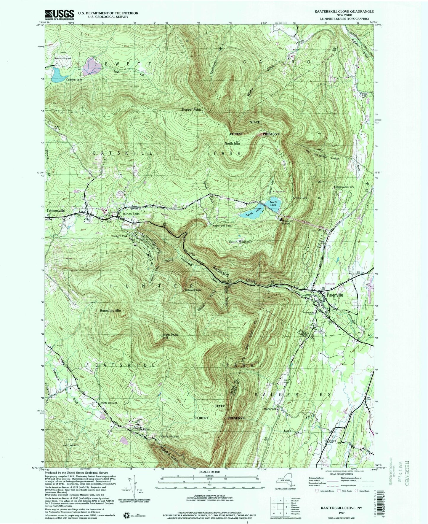 Classic USGS Kaaterskill Clove New York 7.5'x7.5' Topo Map Image