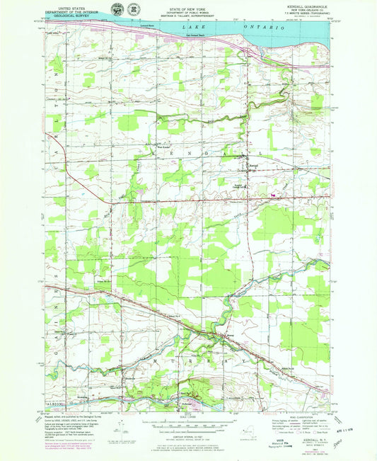 Classic USGS Kendall New York 7.5'x7.5' Topo Map Image