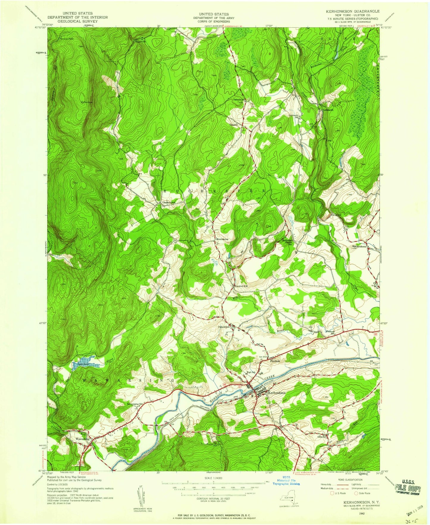 Classic USGS Kerhonkson New York 7.5'x7.5' Topo Map Image