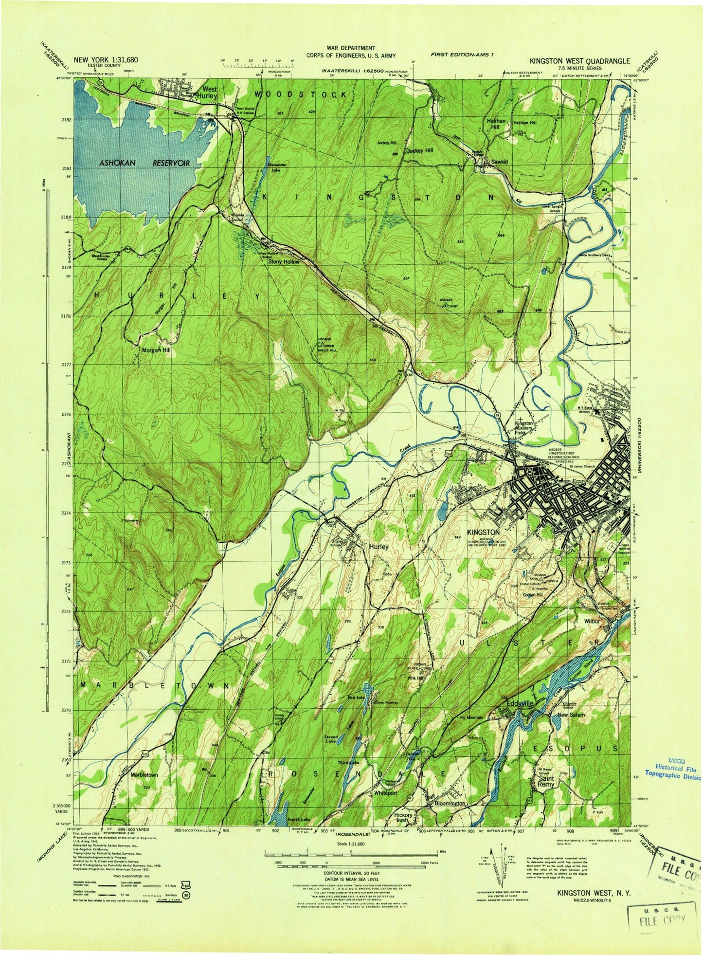 Classic USGS Kingston West New York 7.5'x7.5' Topo Map Image
