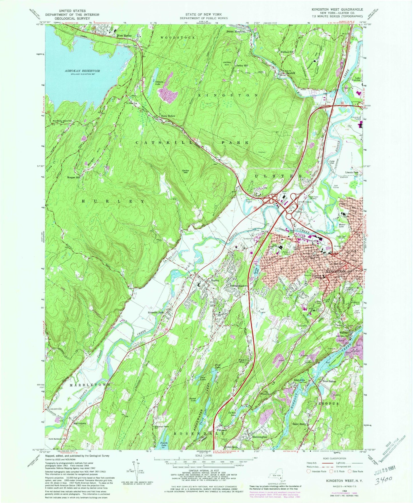 Classic USGS Kingston West New York 7.5'x7.5' Topo Map Image