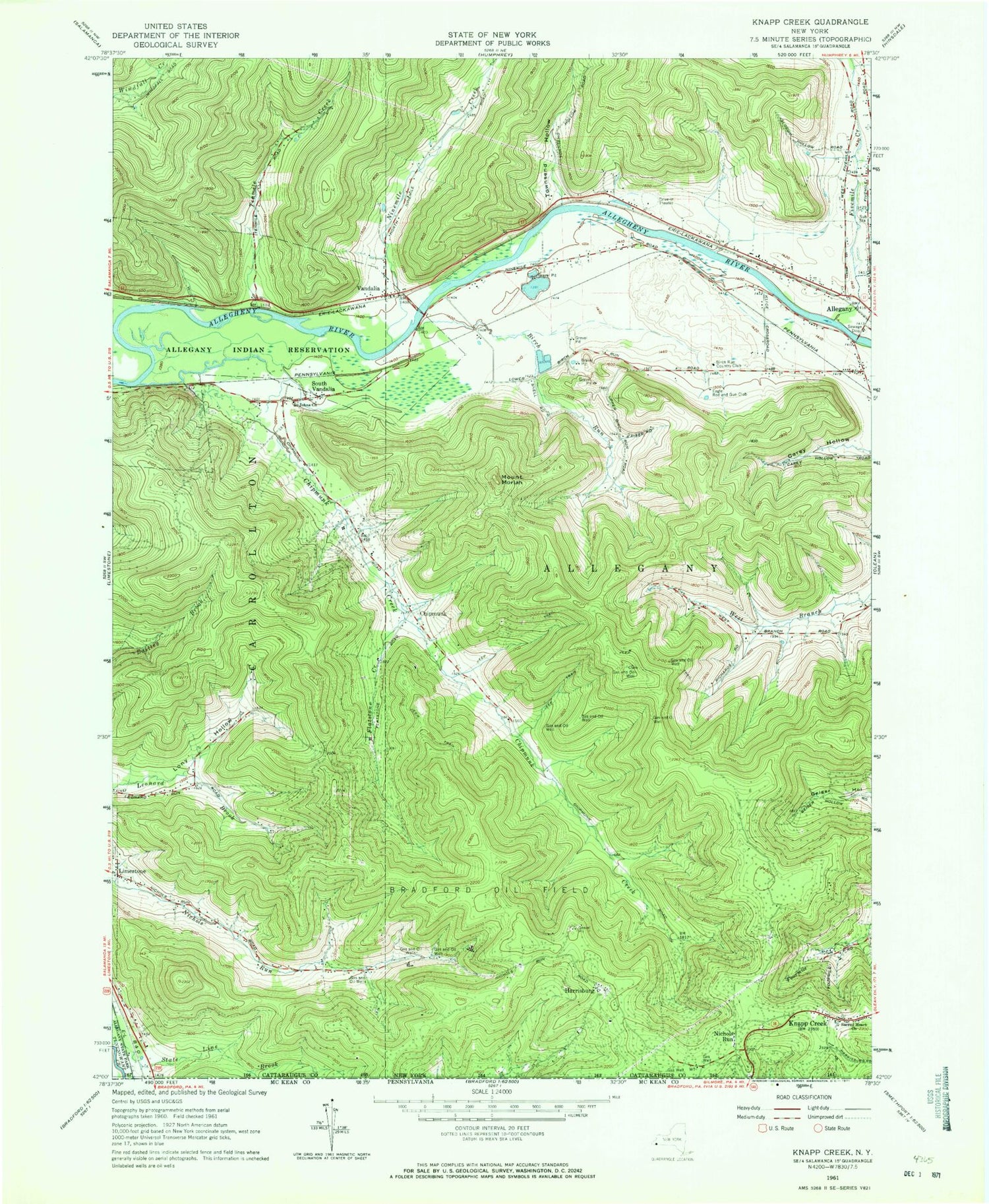 Classic USGS Knapp Creek New York 7.5'x7.5' Topo Map Image
