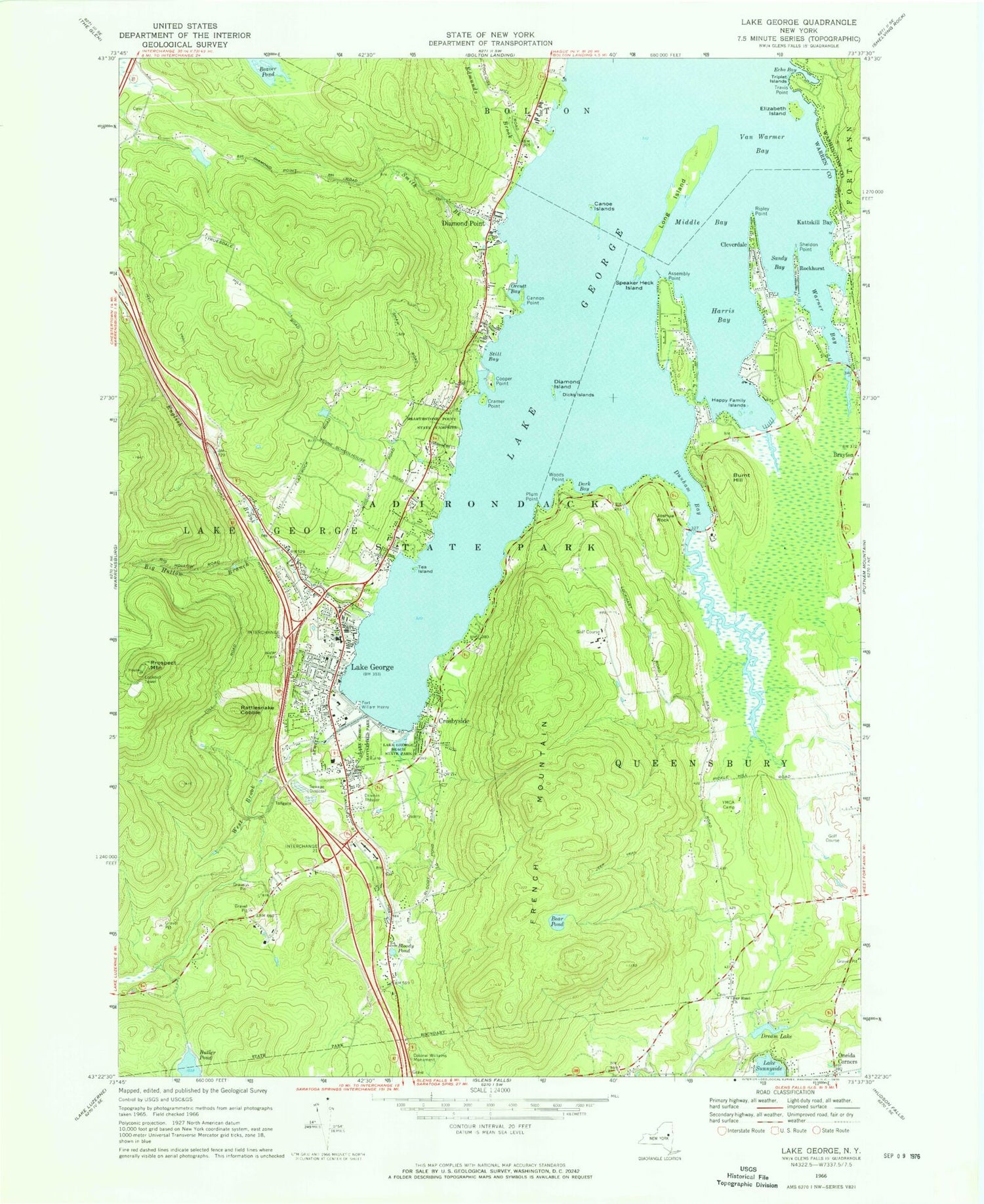 Classic USGS Lake George New York 7.5'x7.5' Topo Map Image