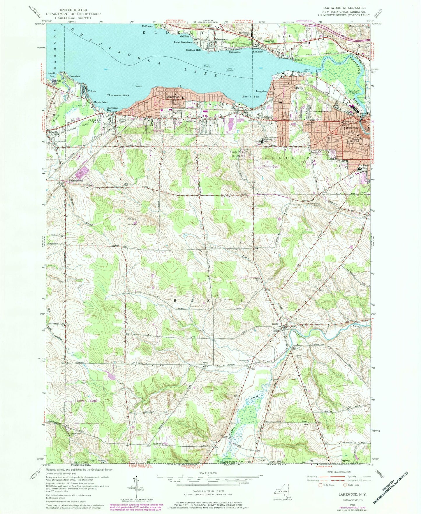 Classic USGS Lakewood New York 7.5'x7.5' Topo Map Image