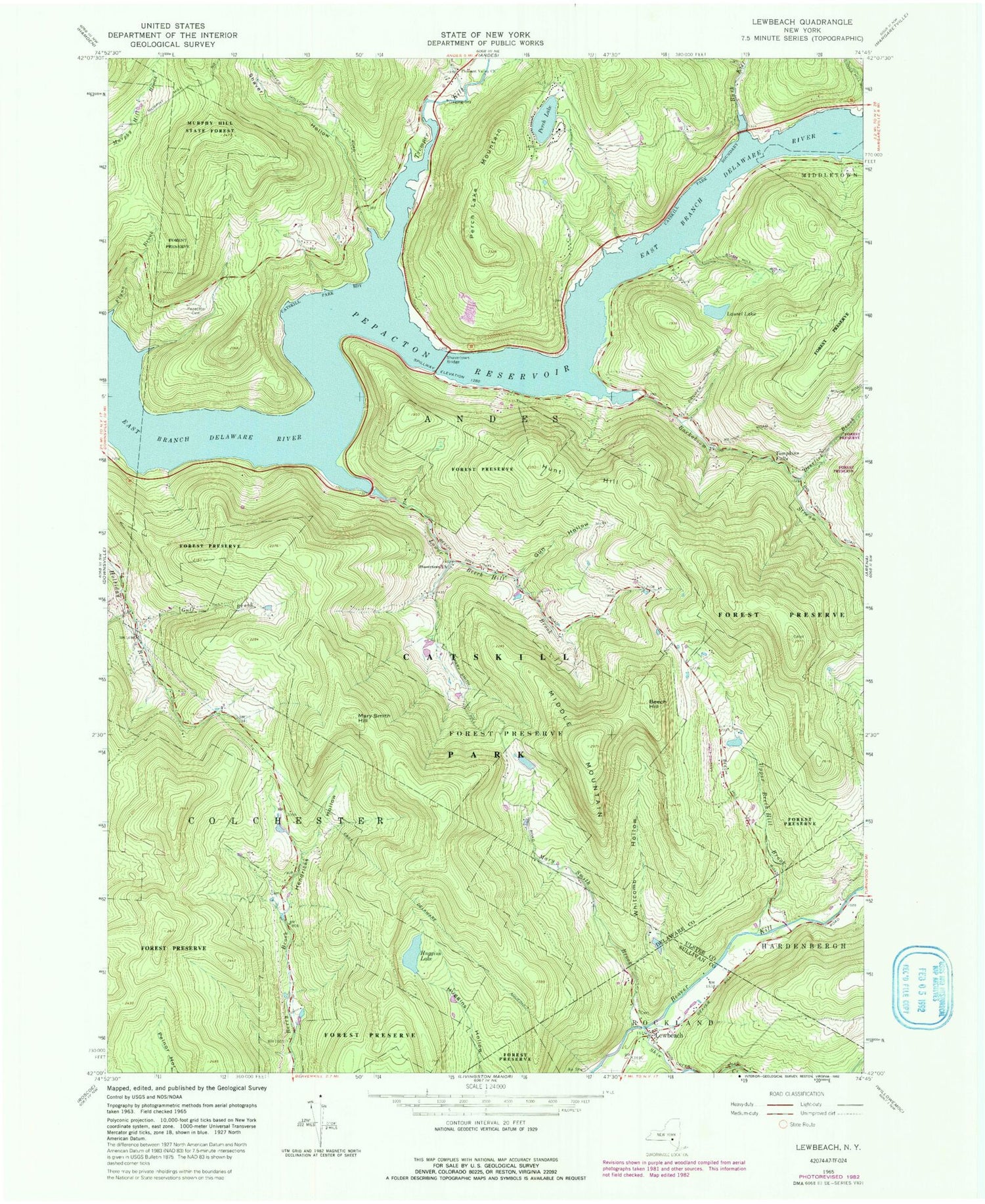 Classic USGS Lewbeach New York 7.5'x7.5' Topo Map Image