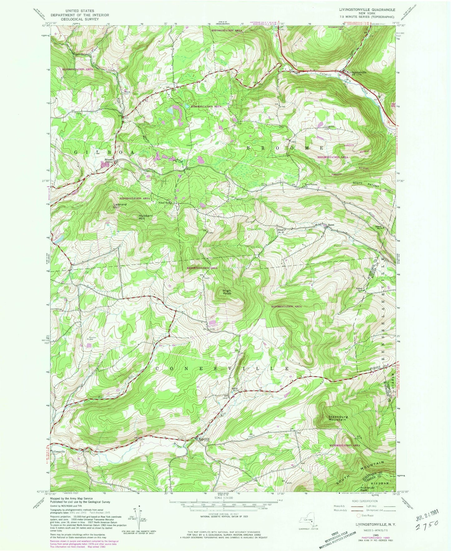 Classic USGS Livingstonville New York 7.5'x7.5' Topo Map Image
