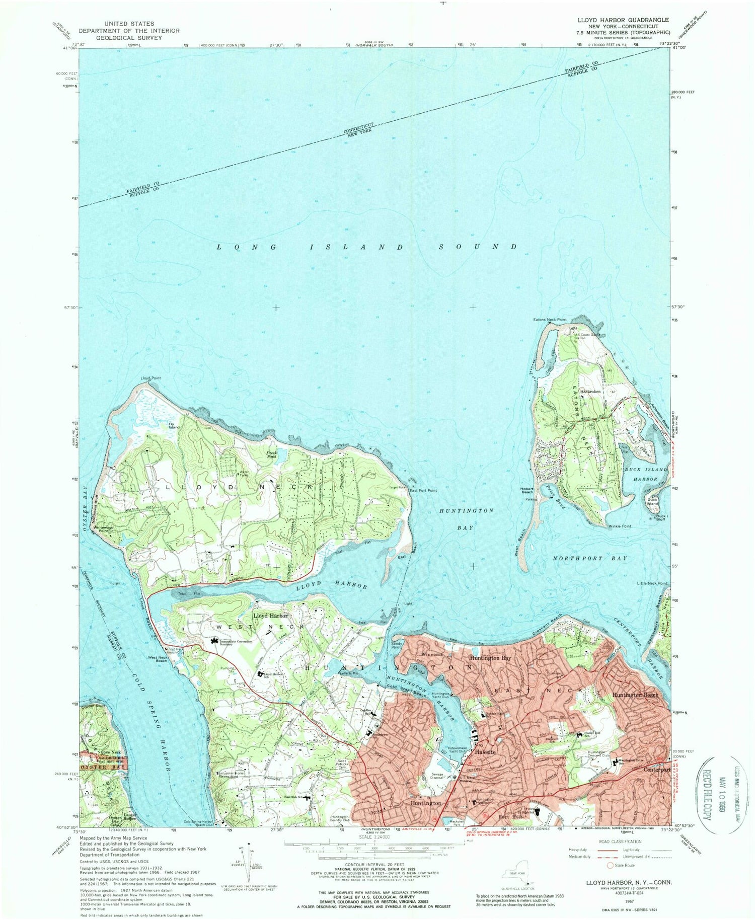 Classic USGS Lloyd Harbor New York 7.5'x7.5' Topo Map Image