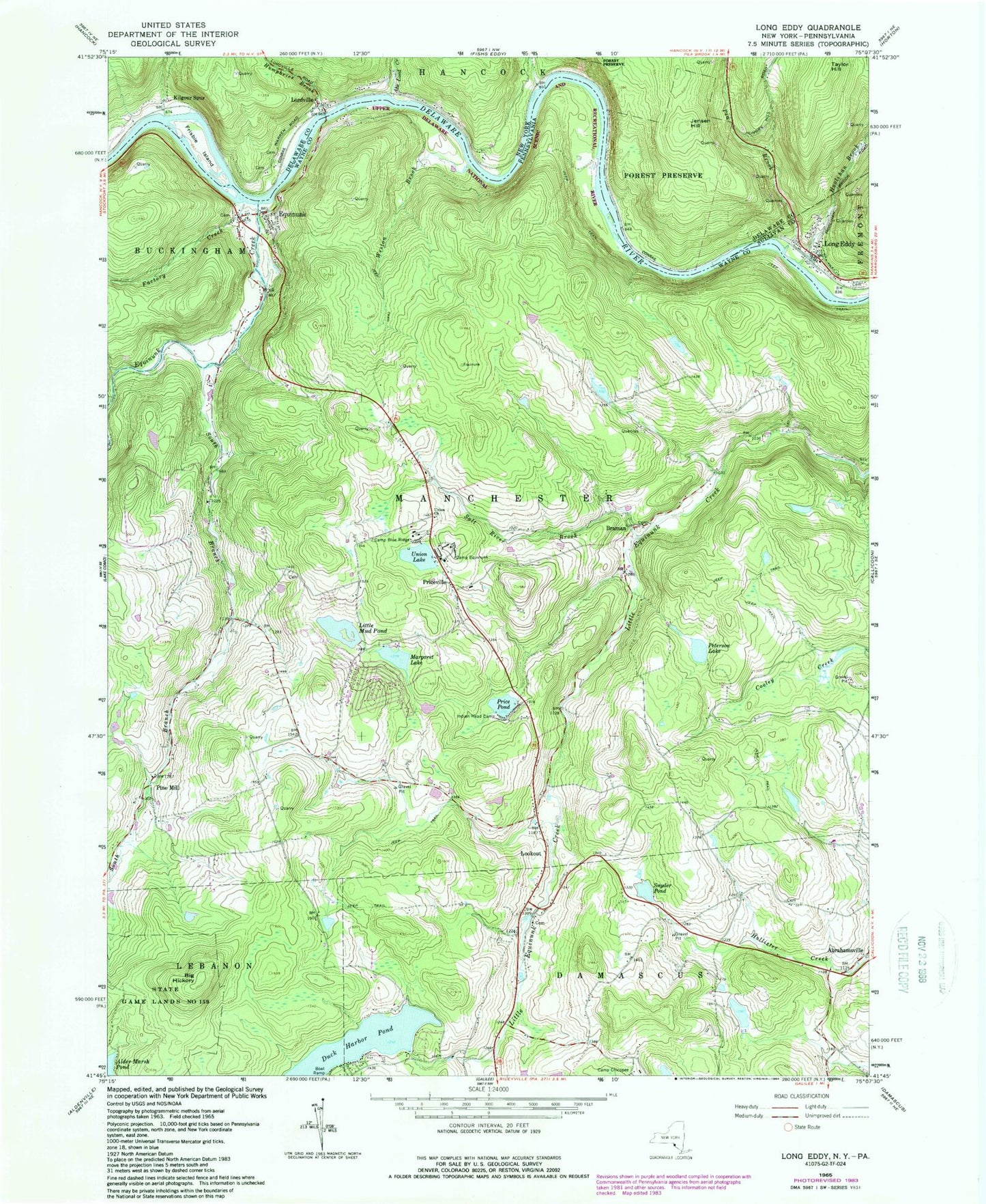 Classic USGS Long Eddy New York 7.5'x7.5' Topo Map Image