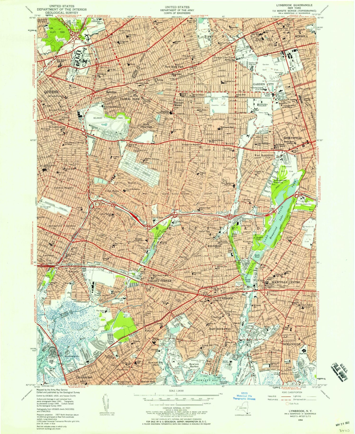 Classic USGS Lynbrook New York 7.5'x7.5' Topo Map Image