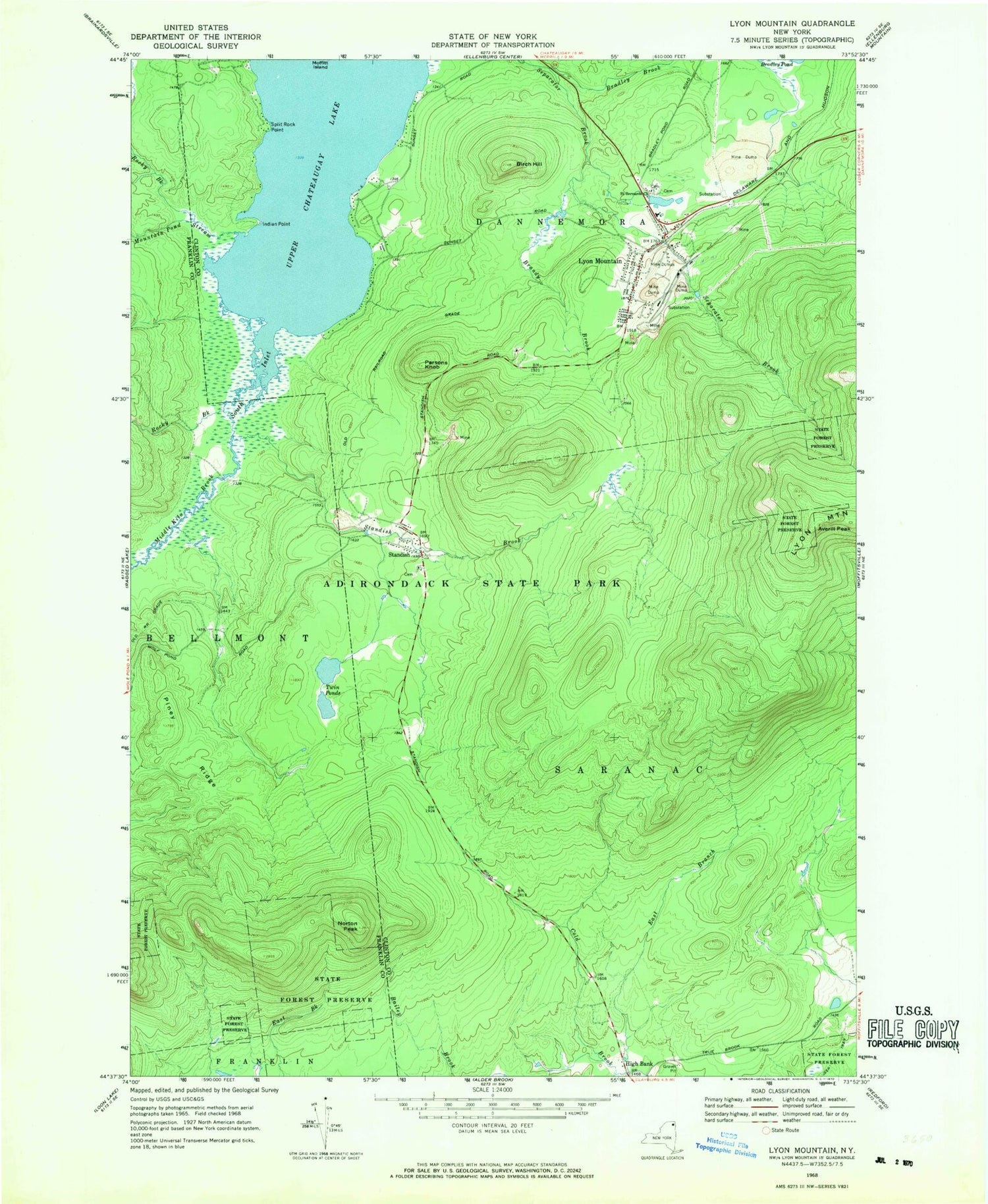 Classic USGS Lyon Mountain New York 7.5'x7.5' Topo Map Image