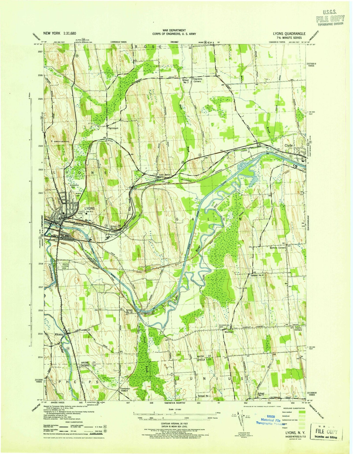 Classic USGS Lyons New York 7.5'x7.5' Topo Map Image