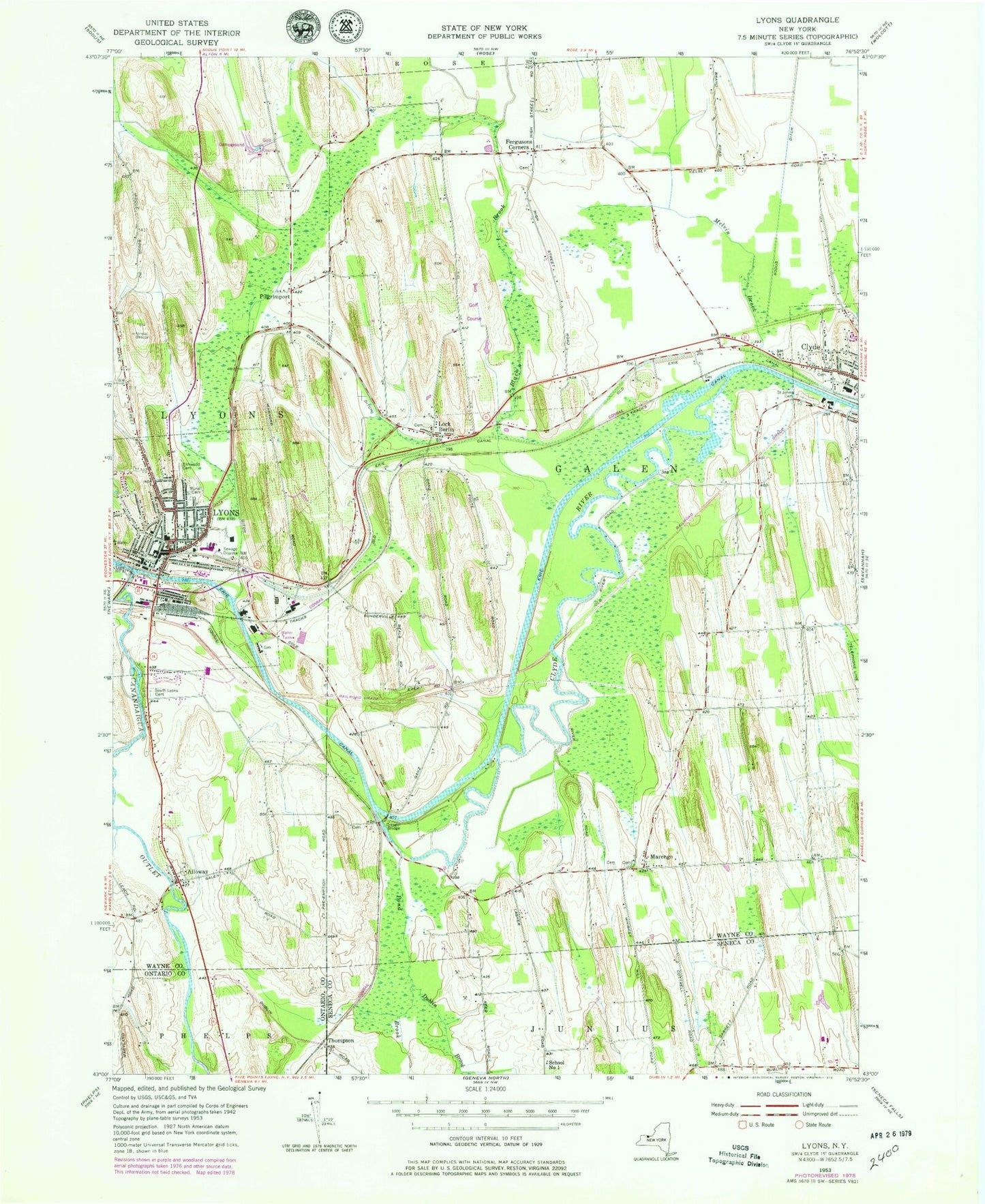 Classic USGS Lyons New York 7.5'x7.5' Topo Map Image