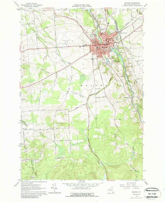 Classic USGS Malone New York 7.5'x7.5' Topo Map Image