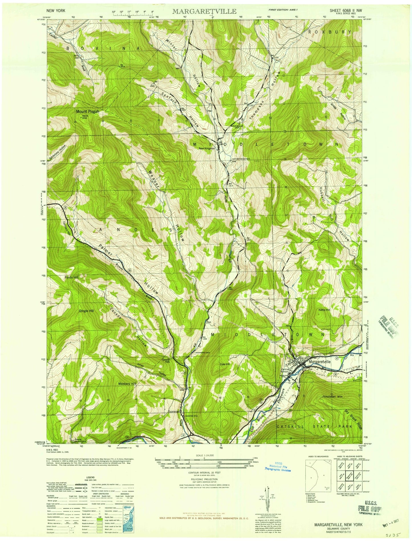 Classic USGS Margaretville New York 7.5'x7.5' Topo Map Image