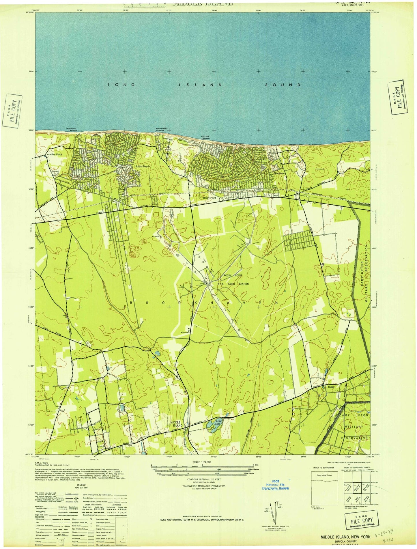 Classic USGS Middle Island New York 7.5'x7.5' Topo Map Image