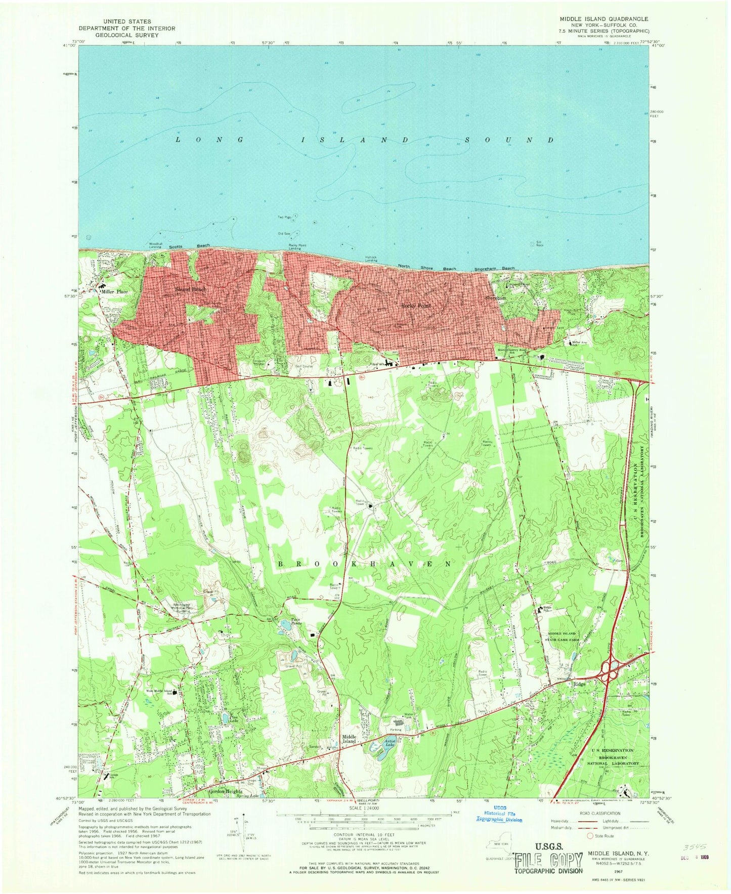 Classic USGS Middle Island New York 7.5'x7.5' Topo Map Image