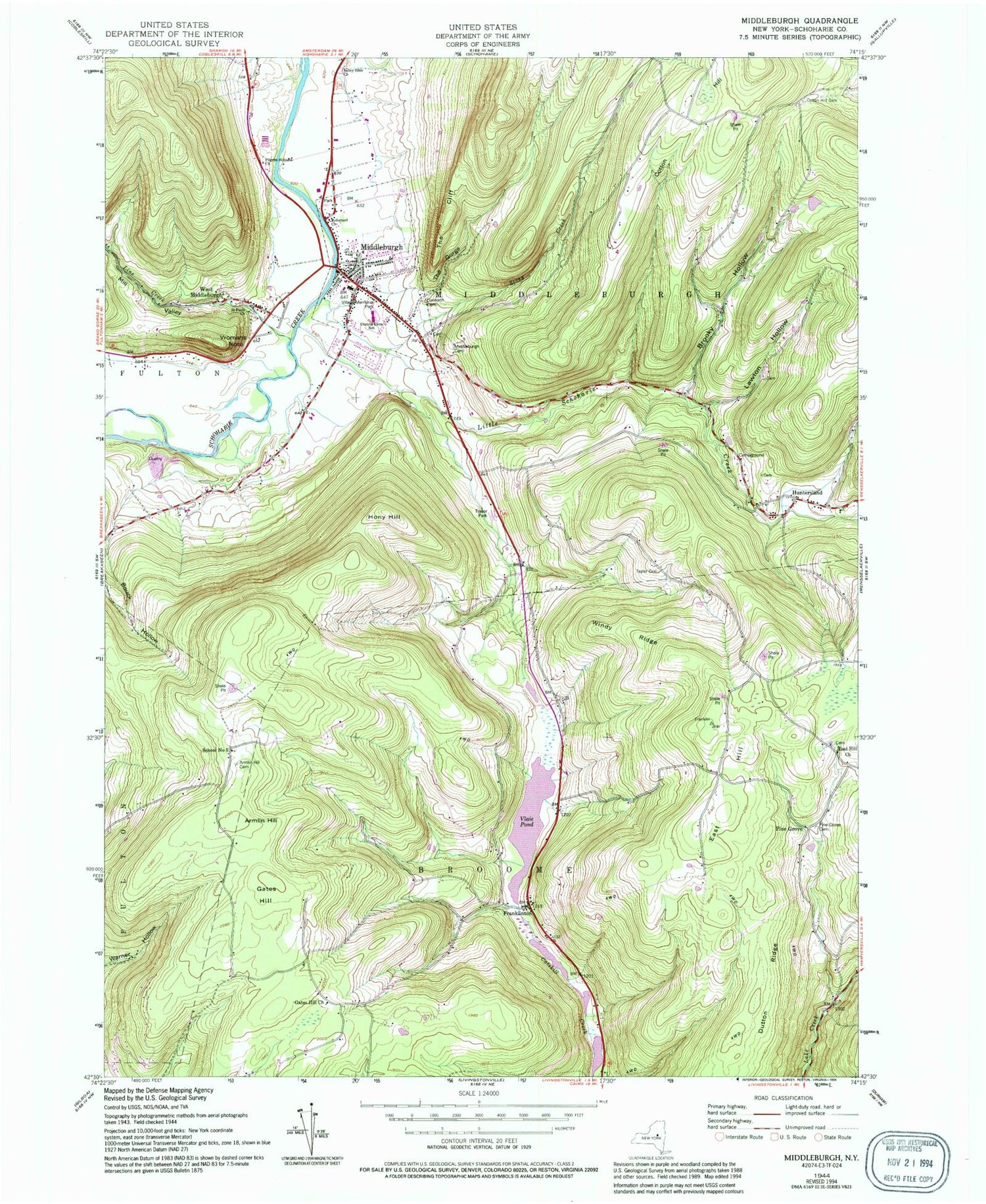 Classic USGS Middleburgh New York 7.5'x7.5' Topo Map Image